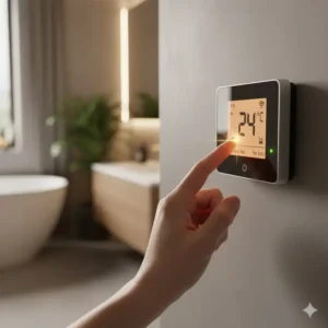 Hand adjusting a digital thermostat set to a comfortable temperature for a cozy bathroom with heater.