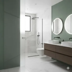A stylish, frosted glass pocket door in modern bathroom design, separating the toilet and shower area from the sink vanity.