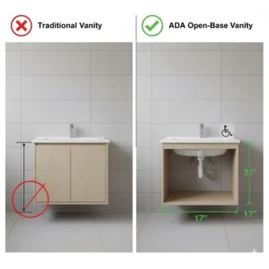 Side-by-side comparison illustrating the difference between a traditional vanity and an ada bathroom vanity open-base.