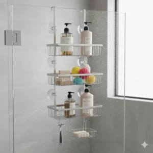 A large, hanging over-the-door caddy rack, a great solution for maximizing shower shelf bathroom storage for essentials.