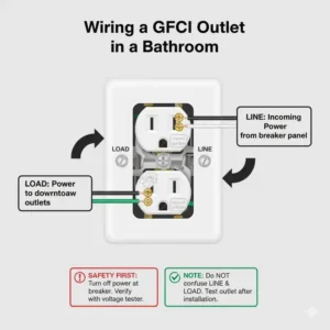Step-by-step wiring diagram for replacing or installing a new GFCI outlet in a bathroom to ensure safe bathroom outlets.