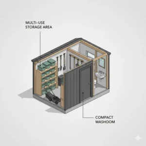 A multi-use structure combining general storage space with a separate attached shed with bathroom partition, emphasizing practicality.