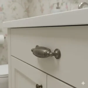 Pewter finish cup pull handle, a classic vintage style commonly chosen as decorative bathroom unit handles for drawer units.