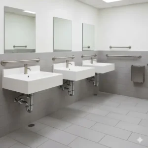 Public restroom featuring multiple durable and accessible ada bathroom vanity units designed for commercial environments.