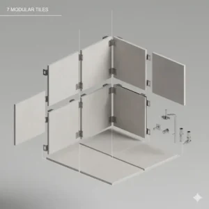 Example showing the modular wall and floor tile props that can be used to build custom bathroom environments in Daz Studio.