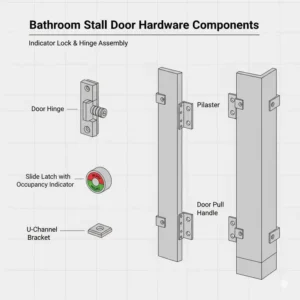 Essential hardware components, including the hinge, pilaster, and indicator lock for secure bathroom stall doors closure and privacy.