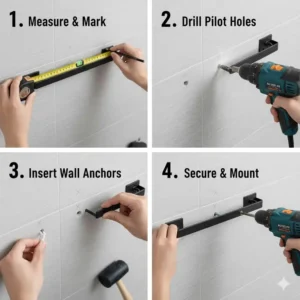 Step-by-step guide showing how to drill and install a permanent wall-mounted shower shelf bathroom organizer.