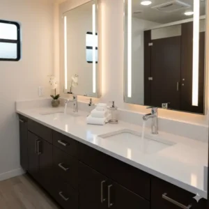 Modern sink and vanity area inside a quality bathroom trailer rental.