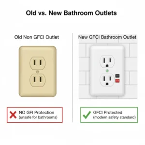 Side-by-side comparison of an older, non-GFCI outlet and a new GFCI bathroom outlet.