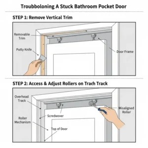 Step-by-step diagram for troubleshooting a stuck bathroom pocket door, showing how to access the track via the removable trim.