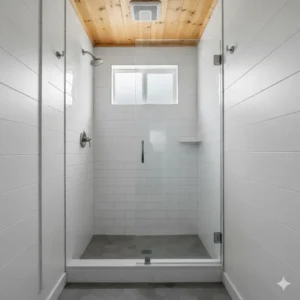 An example of an efficient, small shower stall installation inside a shed with bathroom, ideal for a pool house conversion.