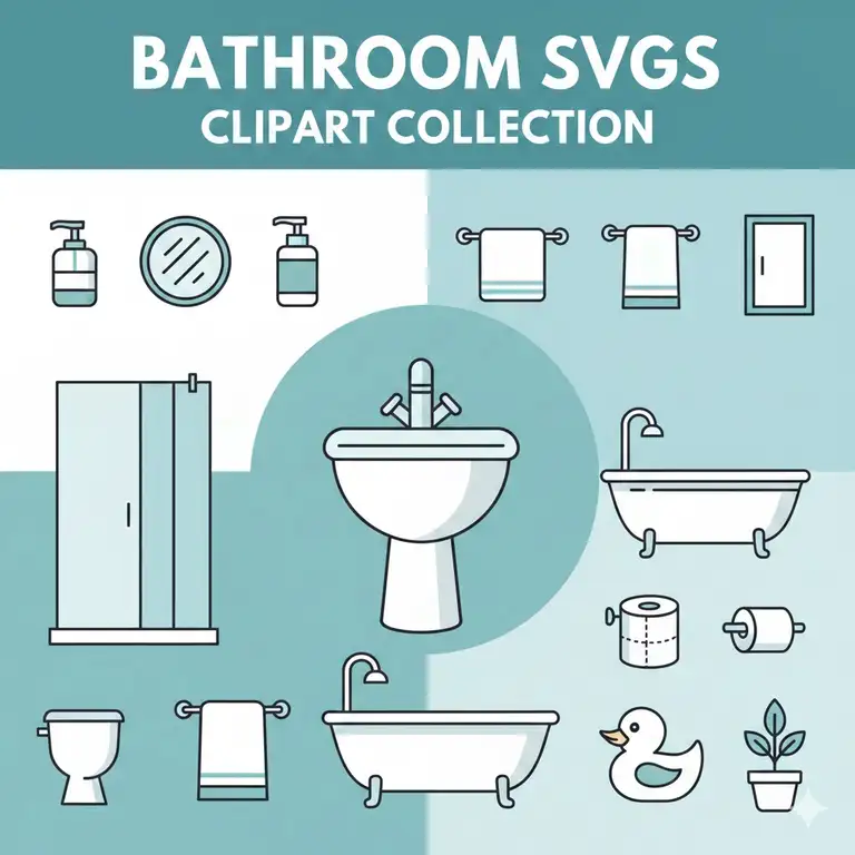 A comprehensive collection of bathroom svgs and clipart icons, including a toilet, sink, tub, and shower, perfect for design projects.
