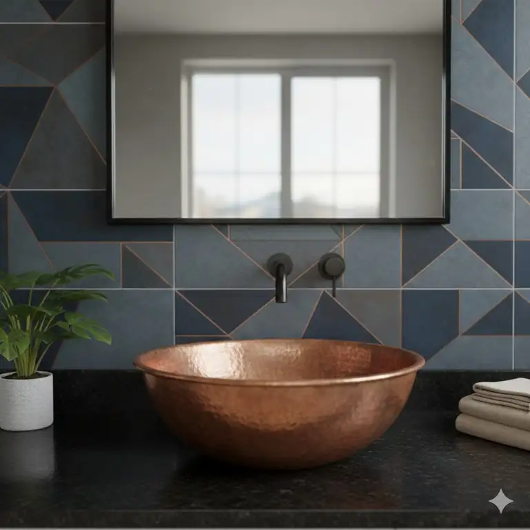 A luxury bathroom showroom displaying a high-end anti-bacterial copper bathroom sink pros and cons 2026 hero shot