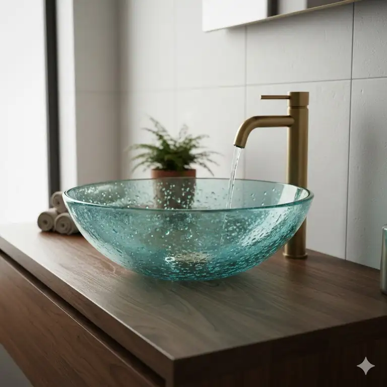 A stunning view of the best sustainable recycled glass vessel sinks 2026 model installed on a wooden vanity.
