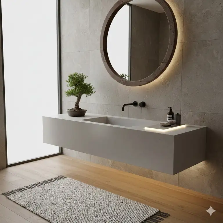 Luxurious Japandi style bathroom featuring premium integrated LED light bathroom sink options 2026 with ambient lighting.