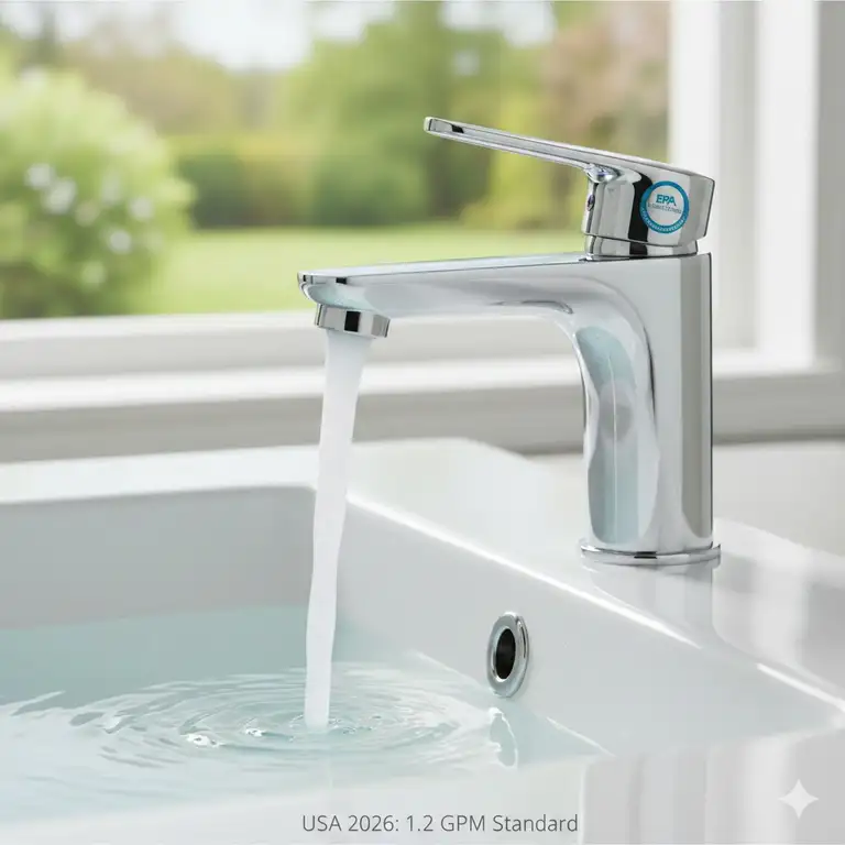 A professional photo of a modern sink meeting the new low flow bathroom faucet regulations USA 2026.