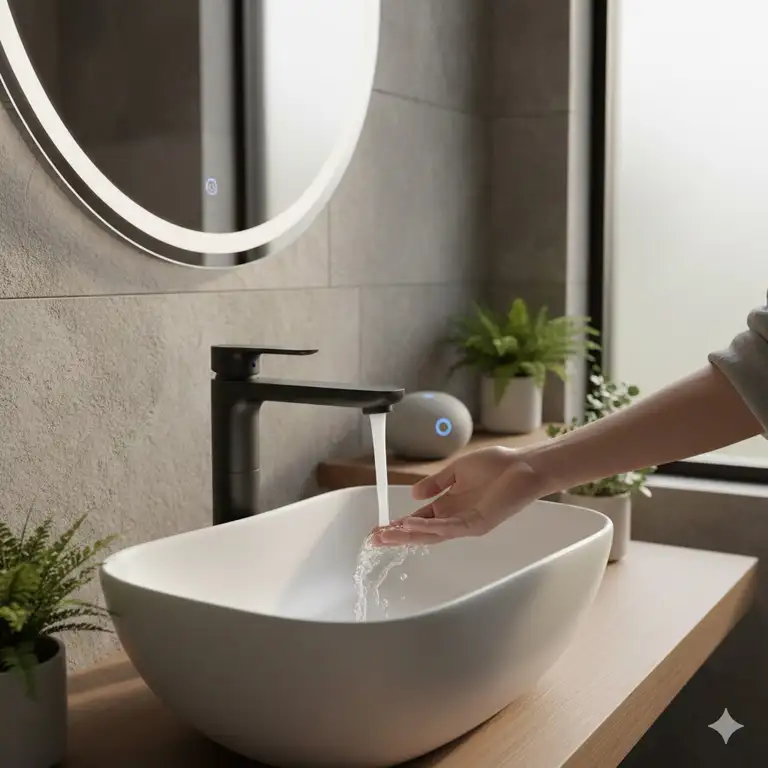 A modern luxury bathroom interior showcasing the latest voice activated bathroom faucet features and cost 2026 trends.