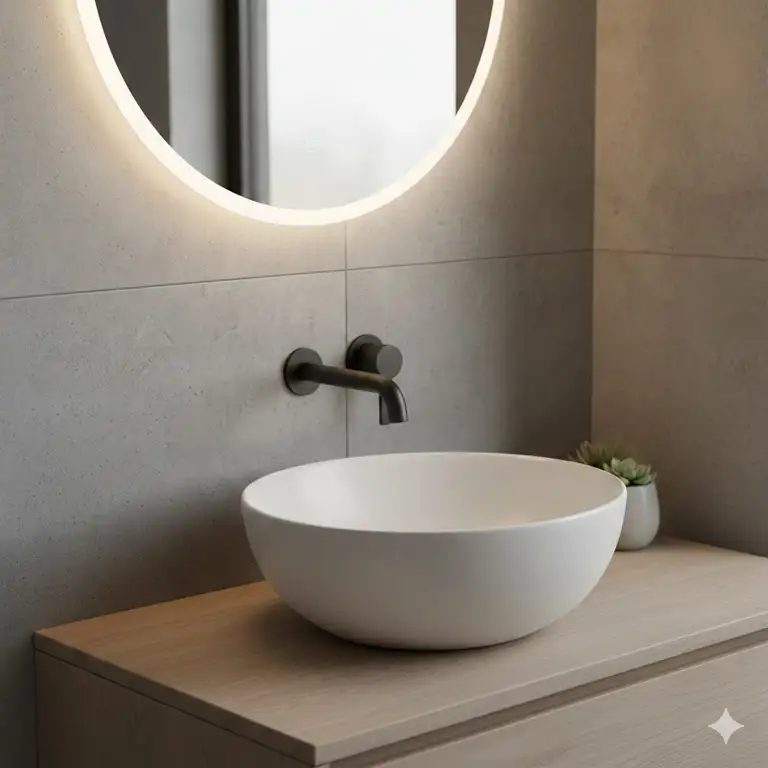 A modern minimalist design featuring a matte black wall mounted faucet bathroom sink setup with a round vessel.