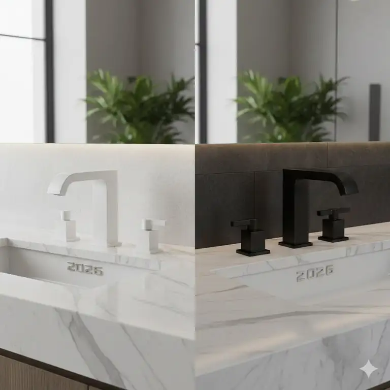 Side-by-side comparison of a matte white bathroom faucet and a matte black faucet on a marble vanity, highlighting 2026 modern bathroom design trends.matte white bathroom faucet vs matte black 2026 comparison