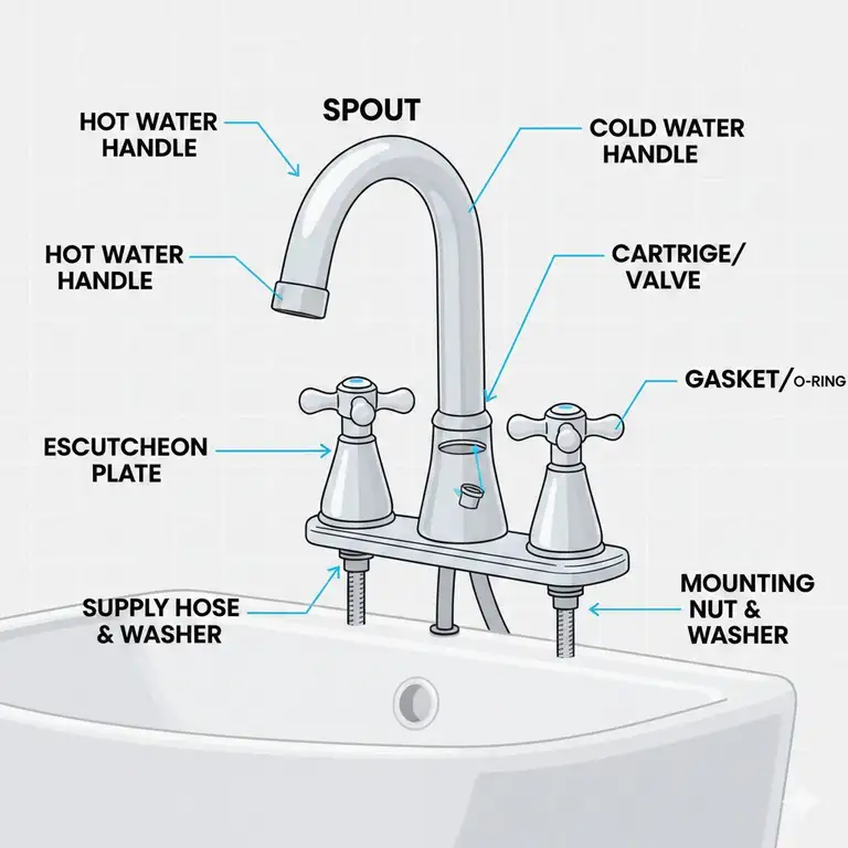 Diagram showing all key parts of the bathroom faucet, including the spout, handle, and aerator.