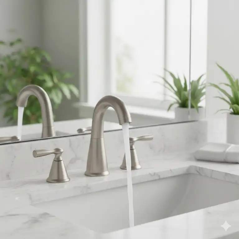 A stylish brushed nickel bathroom faucet one hole model installed on a white marble vanity top.