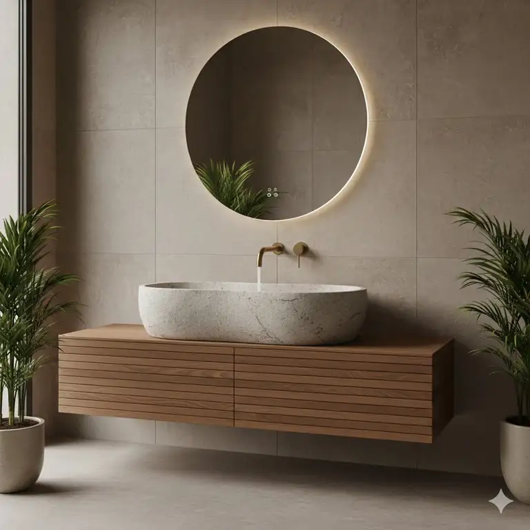 A modern, sculptural stone basin with a brushed brass faucet showing the future of bathroom sink design trends 2026.