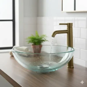 Translucent hand-blown clear glass, one of the best sustainable recycled glass vessel sinks 2026 for a minimalist look.