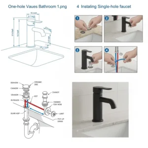 Technical specification diagram showing the required measurements for a bathroom faucet one hole installation. 