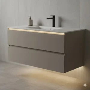 Minimalist floating vanity showcasing modern integrated LED light bathroom sink options 2026 for a clean aesthetic.