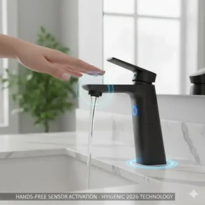 A close-up of the sensor activating a smart touchless bathroom faucet technology 2026 reviews model for hygienic, hands-free operation.