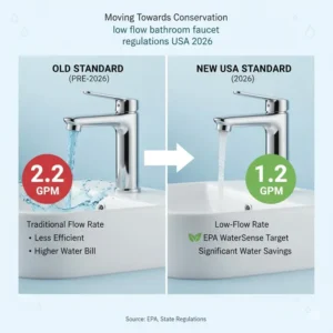 An infographic chart comparing current GPM standards vs the new low flow bathroom faucet regulations USA 2026.