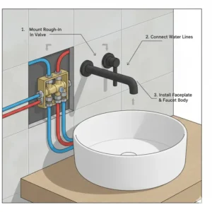 Technical diagram showing the rough-in plumbing required for a wall mounted faucet bathroom installation.