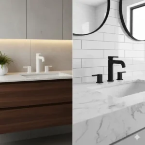 High-contrast bathroom interior featuring a matte white faucet against a dark wood vanity and a matte black faucet against a white porcelain sink.