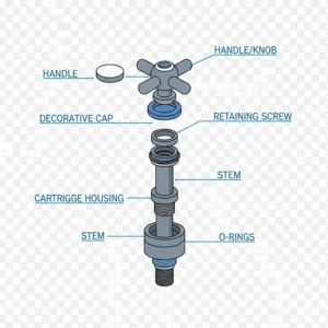 Close-up view of the handle assembly, one of the primary parts of the bathroom faucet controlling water