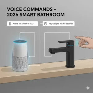 Digital illustration of a smart home assistant interacting with a sink to explain voice activated bathroom faucet features and cost 2026.