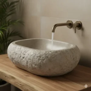 Close-up of a carved organic stone basin, highlighting natural materials for the future of bathroom sink design trends 2026.