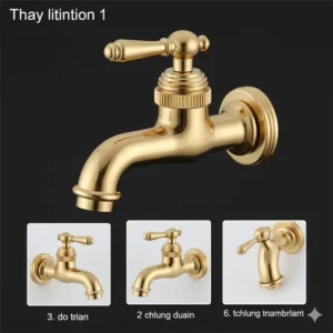 Close-up of a vintage style unlacquered brass bathroom faucet with cross handles, suitable for traditional decor.