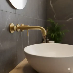 A close-up of a luxurious brushed gold wall mounted faucet bathroom fixture mounted on stone tiles.