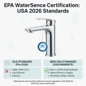 EPA WaterSense logo on a product box complying with low flow bathroom faucet regulations USA 2026.