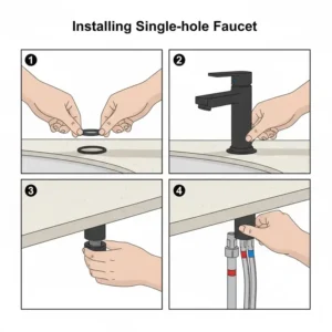 Step-by-step graphic illustrating the mounting of a new bathroom faucet one hole to the sink deck. 