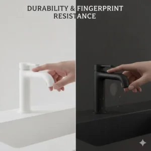 Close-up of a hand touching a matte black faucet to demonstrate fingerprint resistance compared to the smooth, clean surface of a matte white faucet.
