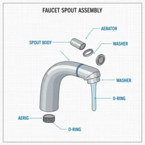 Detailed illustration of the spout, the most visible of the parts of the bathroom faucet from which water flows.