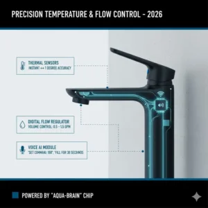 Close-up technical view of digital temperature sensors as part of the voice activated bathroom faucet features and cost 2026 breakdown.