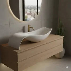 A uniquely sculptural, deeply curved bathroom sink with fluid lines, a key part of the future of bathroom sink design trends 2026.