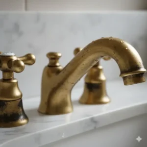 Detailed shot showing the natural, dark green-brown patina developing on the unlacquered brass bathroom faucet finish.