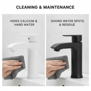 A microfiber cloth wiping a matte black faucet to remove water spots next to a matte white faucet showing how it hides calcium buildup.