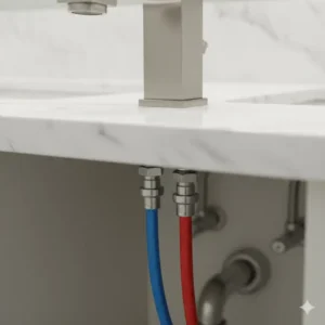A close-up view of the connected hot and cold water supply hoses for the bathroom faucet one hole