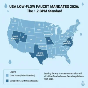 Map of the United States showing states affected by the low flow bathroom faucet regulations USA 2026.