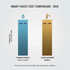 A data infographic displaying a detailed budget analysis of voice activated bathroom faucet features and cost 2026 for homeowners.