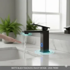 A modern matte black smart touchless bathroom faucet technology 2026 reviews design, showcasing the latest aesthetic trends.
